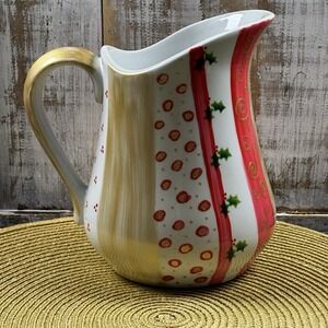 Ceramic Colorful Pitcher, Hand painted, Signed, Red Gold Green, Christmas
